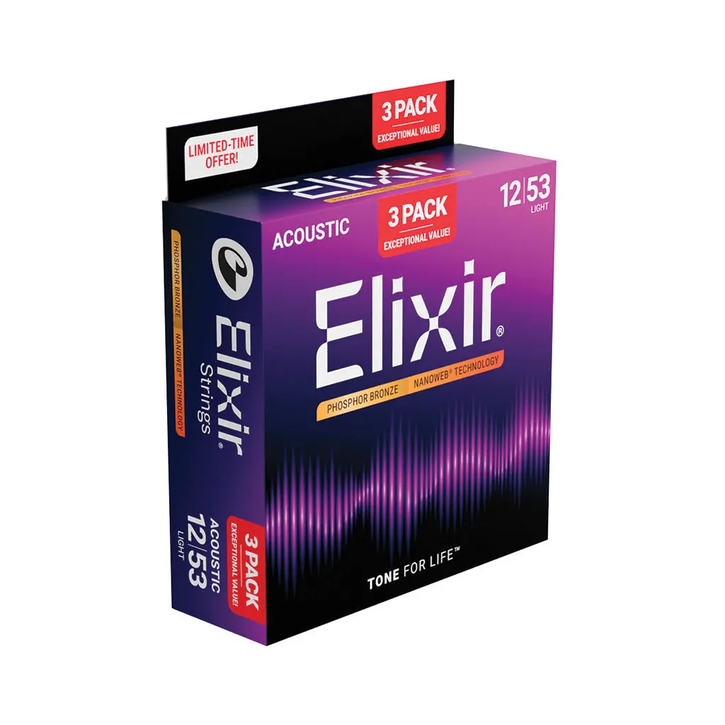 Elixir E16569 Phosphor Bronze Nanoweb Acoustic Guitar Strings - 12-53 Light Gauge, 3-Pack 1