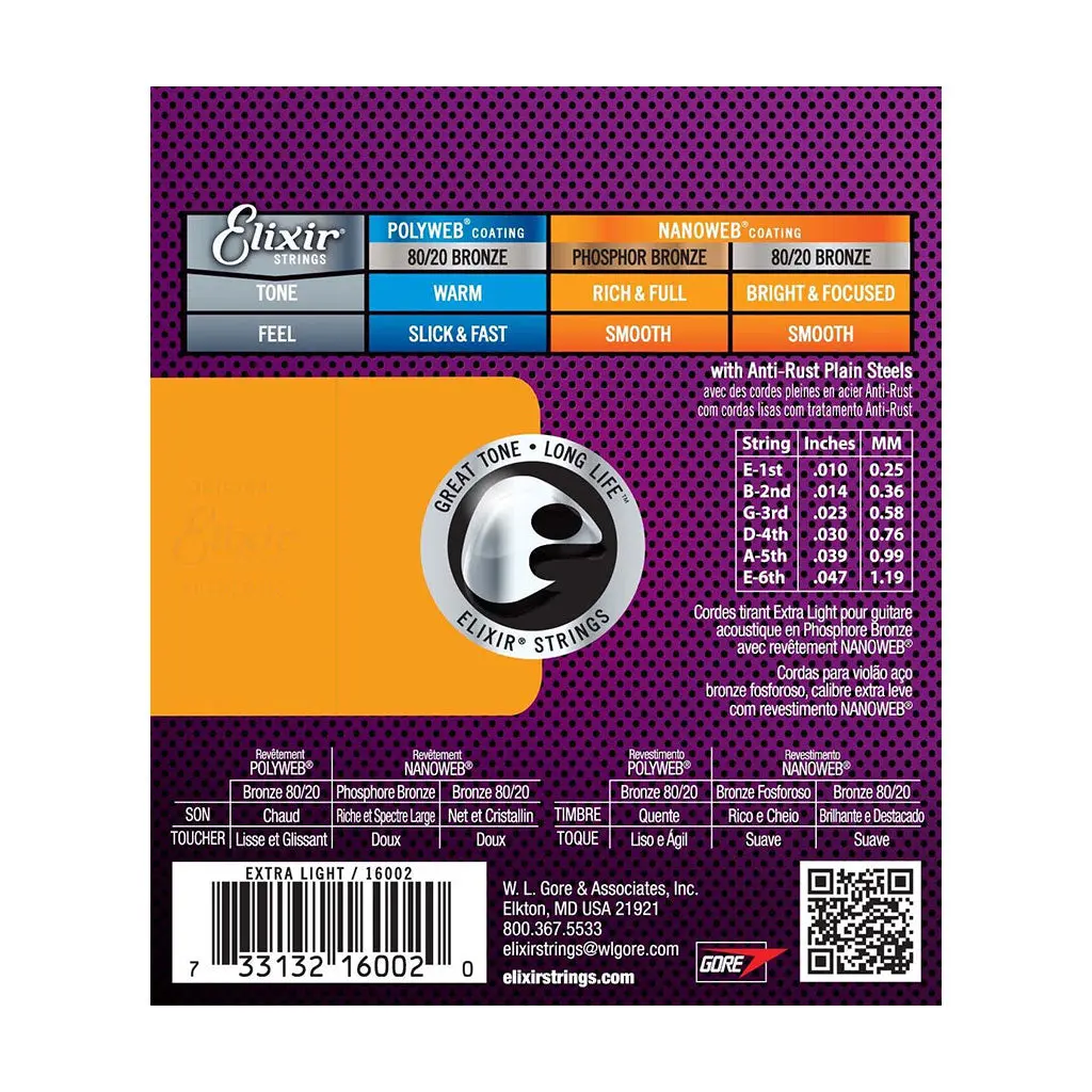 Elixir 16002 Nanoweb Phosphor Bronze Extra Light 10-47 2