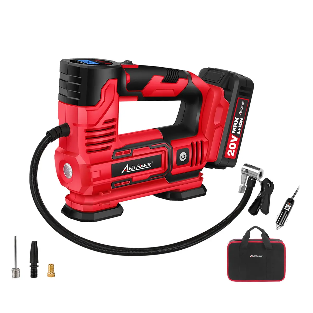 Avid Power Tire Inflator Portable Air Compressor, 20V Cordless Car Tire Pump With Rechargeable Li-Ion Battery, 12V Car Power Adapter, Digital Pressure Gauge 1