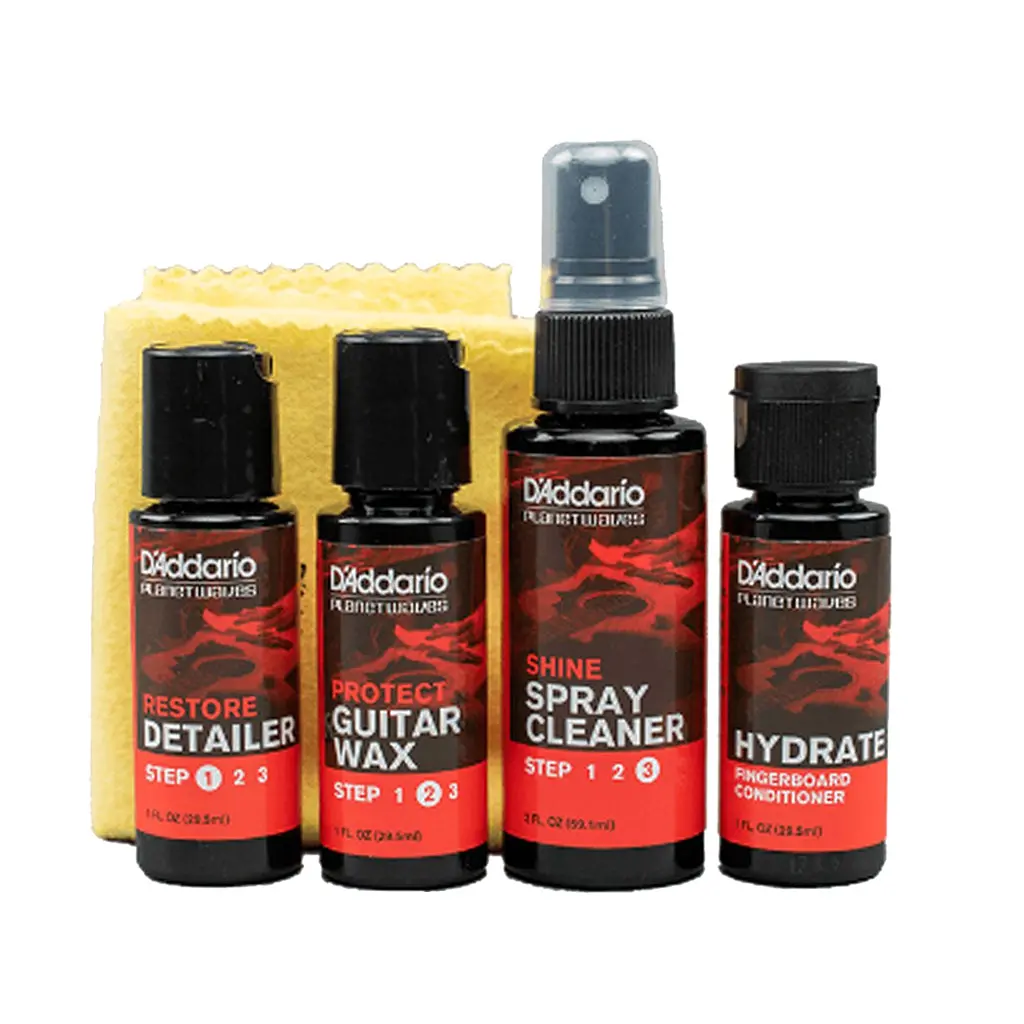 D'addario Instrument Care Kit With Finish Cleaner, Guitar Wax, Spray Cleaner, Fingerboard Conditioner, And Cotton Polishing Cloth 1