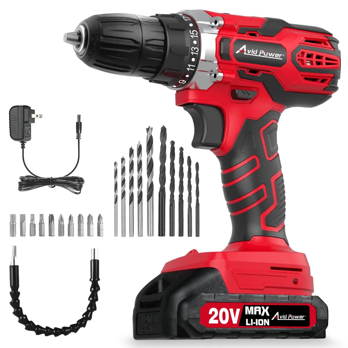 Avid Power 20V Max Power Drill Kit, Cordless Drill Set With Battery And Charger, 2 Variable Speed, 3/8-Inch Keyless Chuck, 19 Position And 22Pcs Drill Bits 1