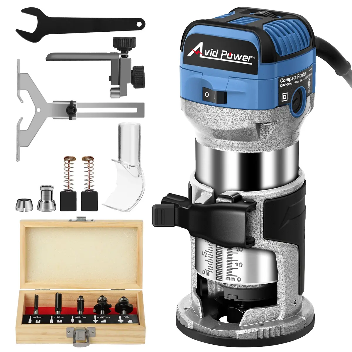 Avid Power 6.5 Amp 1.25 Hp Compact Router Tools For Woodworking, Fixed Base Wood Router With Trim Router Bits, 6 Variable Speeds, Edge Guide, Roller Guide, Dust Hood (Blue, 65Mm) 1