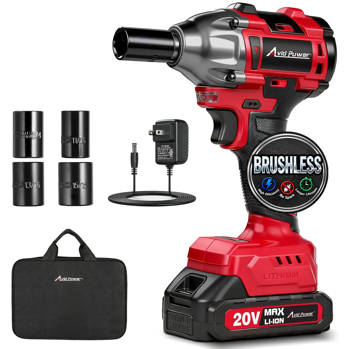 Avid Power Impact Wrench, 1/2” Impact Gun Brushless Max Torque 332 Ft-Lbs (450 N.M), 20V Cordless Impact Wrenches With 2.0 Ah Battery, 2 Variable Speeds, 4Pcs Impact Sockets, Charger, Tool Bag 1