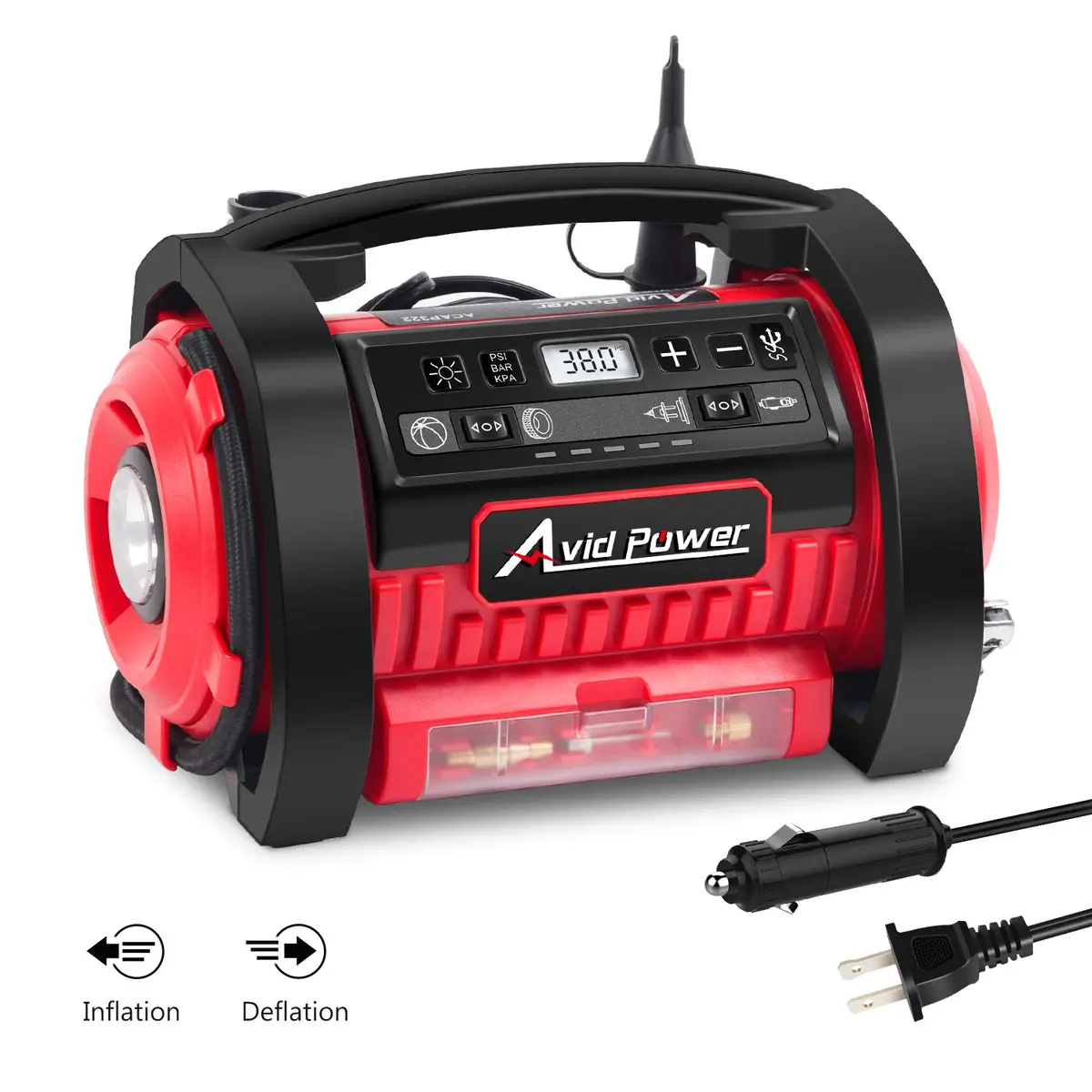 Tire Inflator Air Compressor, 12V Dc / 110V Ac Dual Power Tire Pump With Inflation And Deflation Modes, Dual Powerful Motors, Digital Pressure Gauge, Avid Power 1