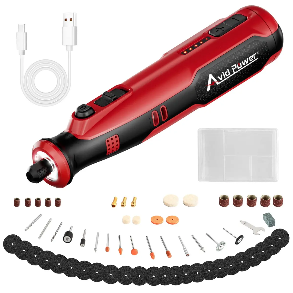 Avid Power Cordless Rotary Tool 8V Rechargeable Rotary Tool, 4 Front Led Lights, 5 Speeds, 60 Pcs Rotary Tool Accessories With Bag For Carving, Engraving, Sanding, Polishing And Cutting (Dark Red) 1