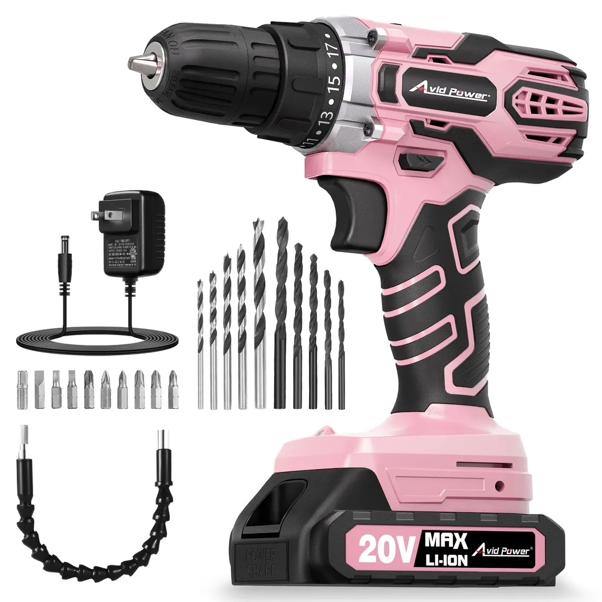 Avid Power 20V Max Power Drill Kit, Cordless Drill Set With Battery And Charger, 2 Variable Speed, 3/8-Inch Keyless Chuck, 19 Position And 22Pcs Bits - Pink 1