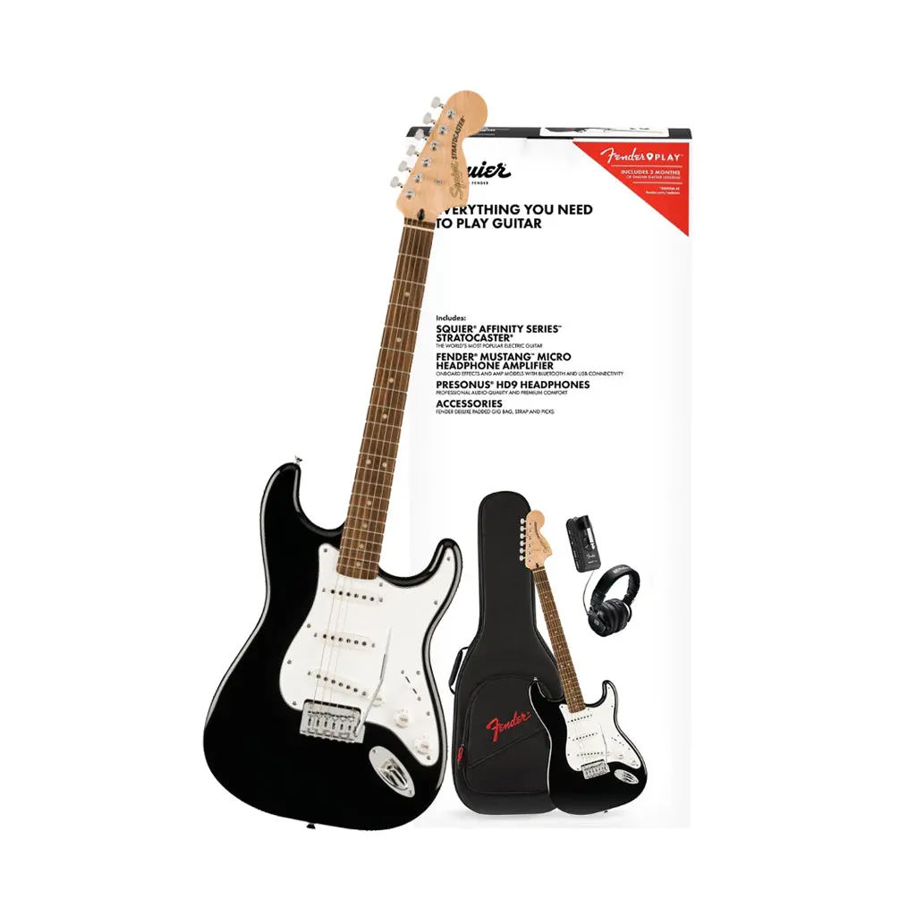 Squier Affinity Series Stratocaster Mustang Micro Pack Laurel Fingerboard With Gig Bag - Black 1