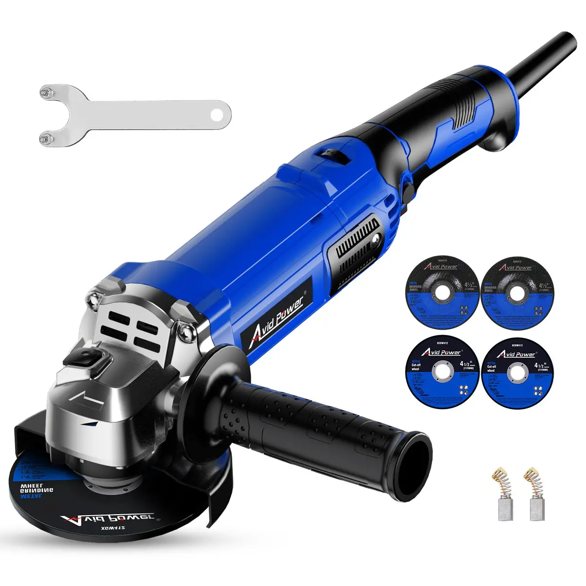 Avid Power Angle Grinder 4-1/2 Inch 8.0 Amp 1000W Electric Grinder Tool 7-Variable-Speed Metal Grinder, 11,500 Rpm, Paddle Switch With Lock-On Button, Cutting & Grinding Wheels And Side Handle - Blue 1