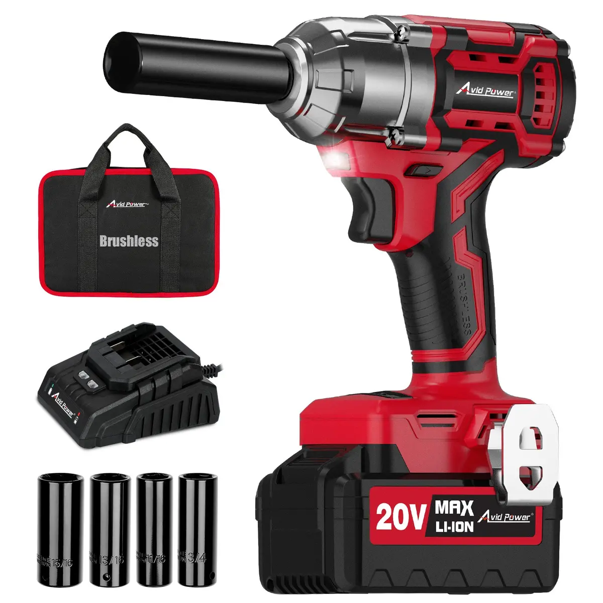 Avid Power 1/2 Impact Wrench Brushless, 20V Cordless Impact Gun W/ 3 Variable Speed, Max Torque 370Ft-Lbs (500N.M), 3.0Ah Li-Ion Battery, 4Pcs Impact Sockets, Fast Charger 1
