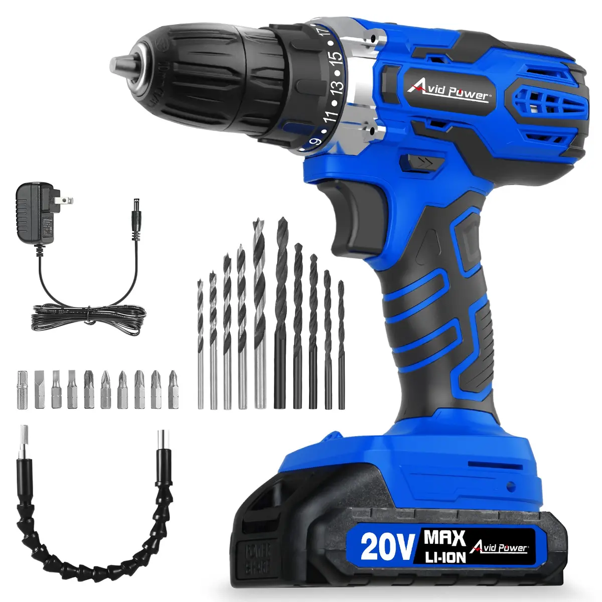 Avid Power 20V Max Power Drill Kit, Cordless Drill Set With Battery And Charger, 2 Variable Speed, 3/8-Inch Keyless Chuck, 19 Position And 22Pcs Bits - Blue 1