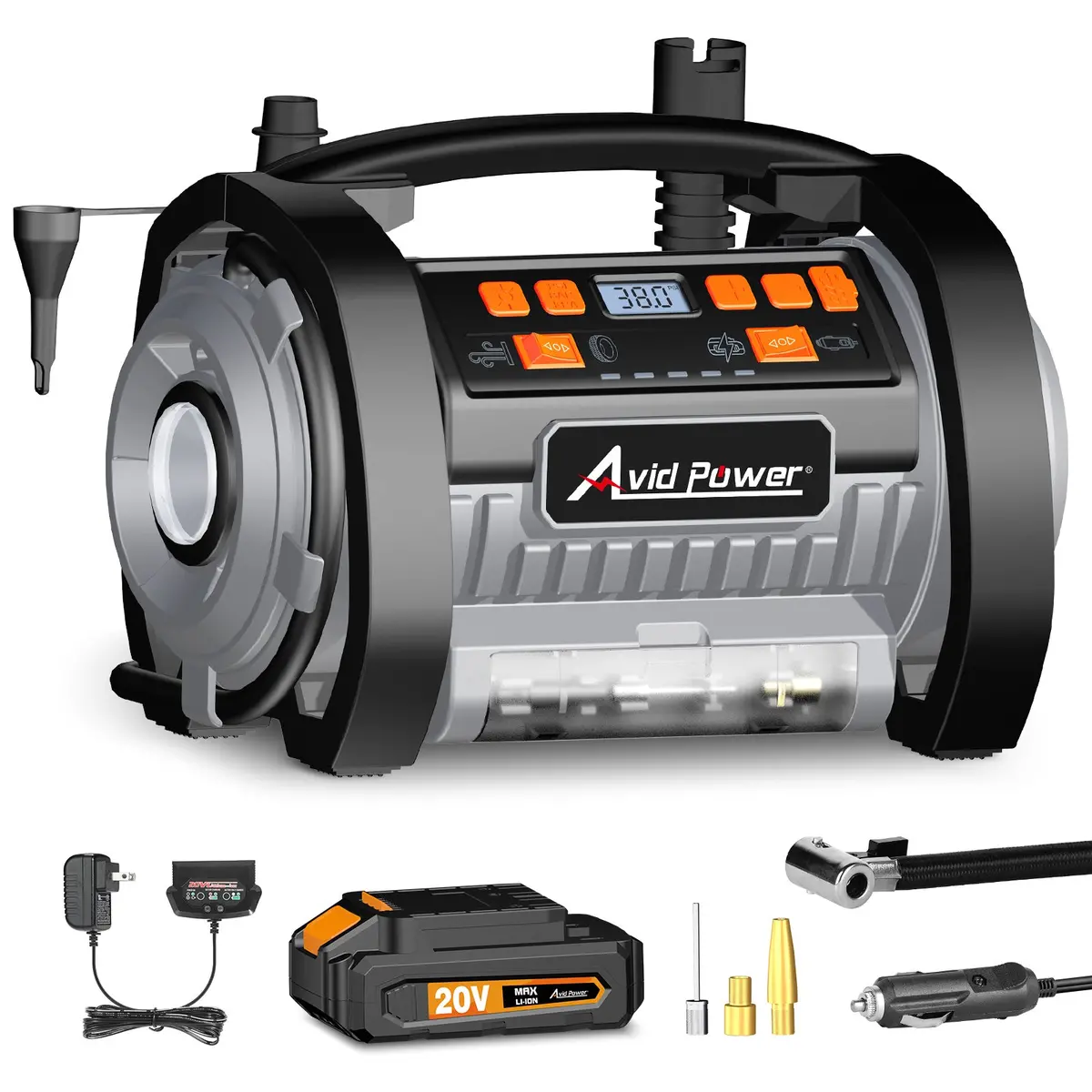 Avid Power Tire Inflator Portable Air Compressor W/ 20V 2000Mah Battery And 12V Car Adapter, For Inflation And Deflation 1