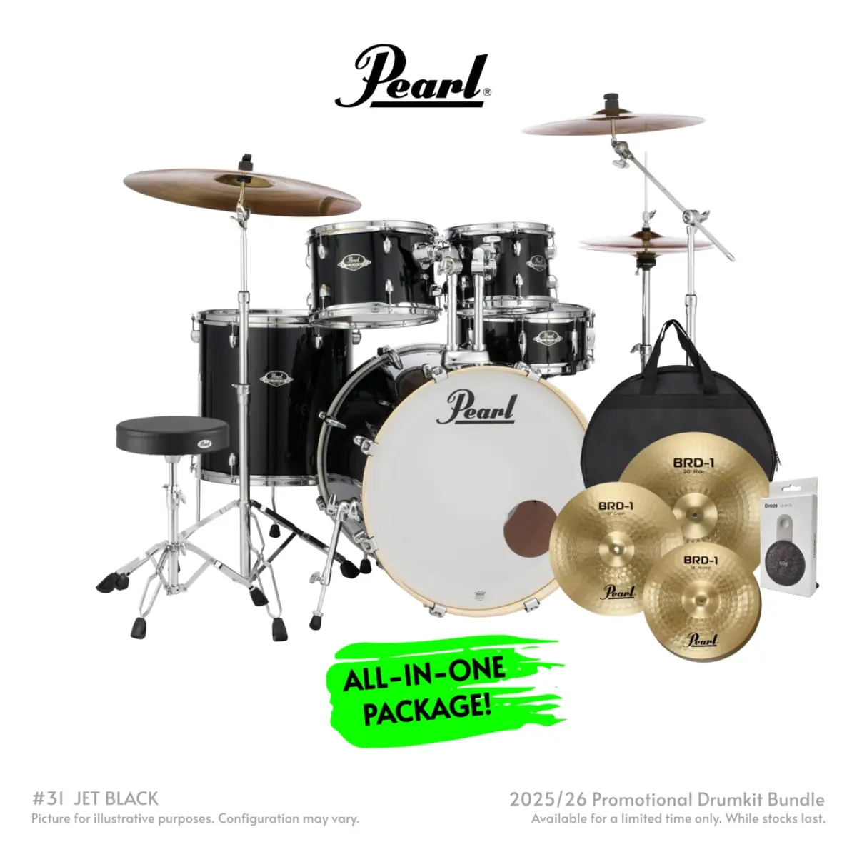 Pearl Export Plus 5Pc 22" Fusion Plus Drum Kit With Pearl Cymbals - Jet Black 1