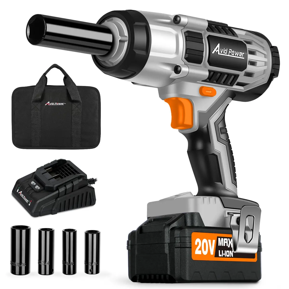 Avid Power Impact Wrench 1/2” Drive W/Max Torque 330 Ft-Lbs (450N.M), 20V Cordless Impact Wrench W/ 3.0A Li-Ion Battery, 4Pcs Drive Impact Sockets, Fast Charger, Tool Bag (Grey) 1
