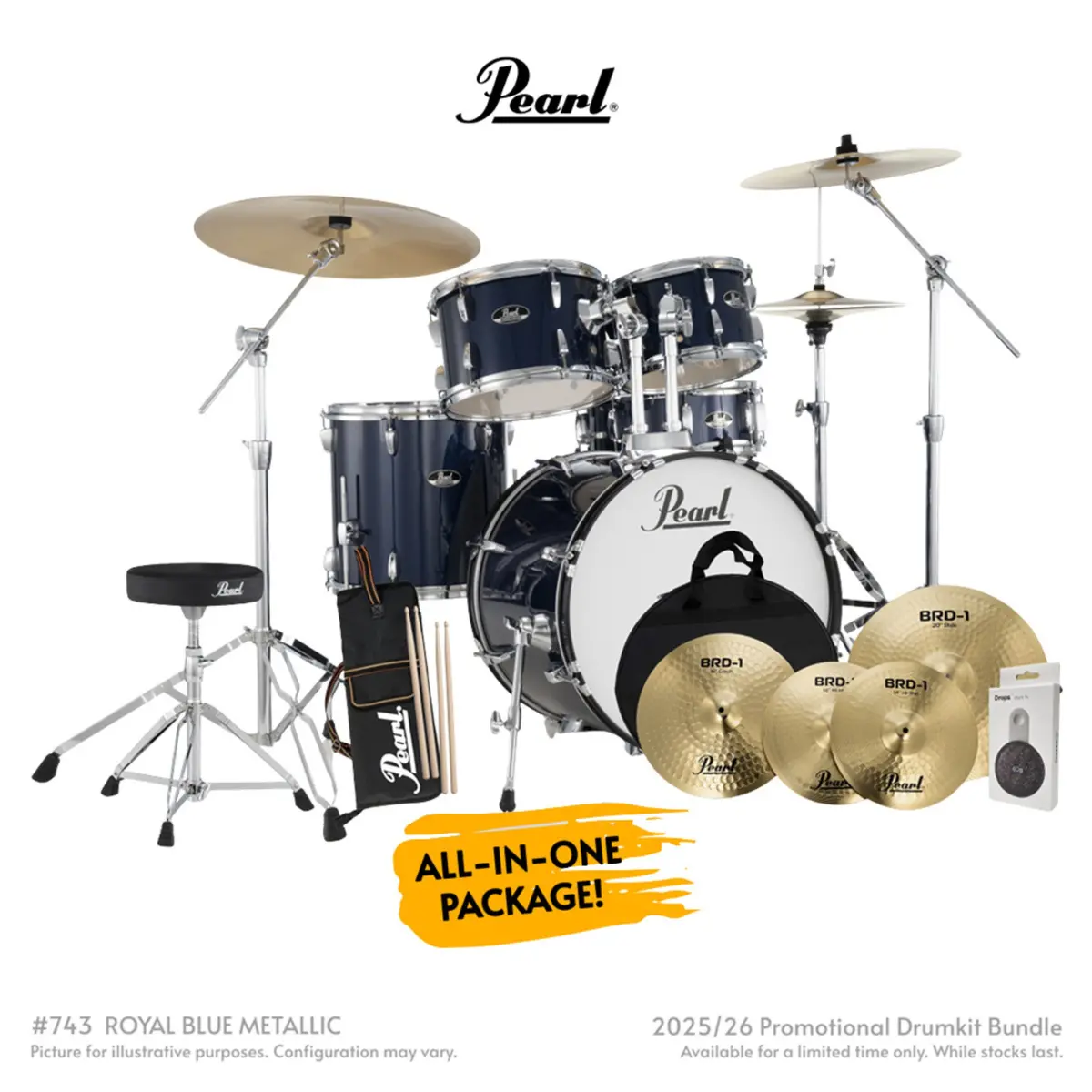 Pearl Roadshow-Plus 5Pc 20" With Brd-1 Cymbals Drum Package - Royal Blue Metallic 1
