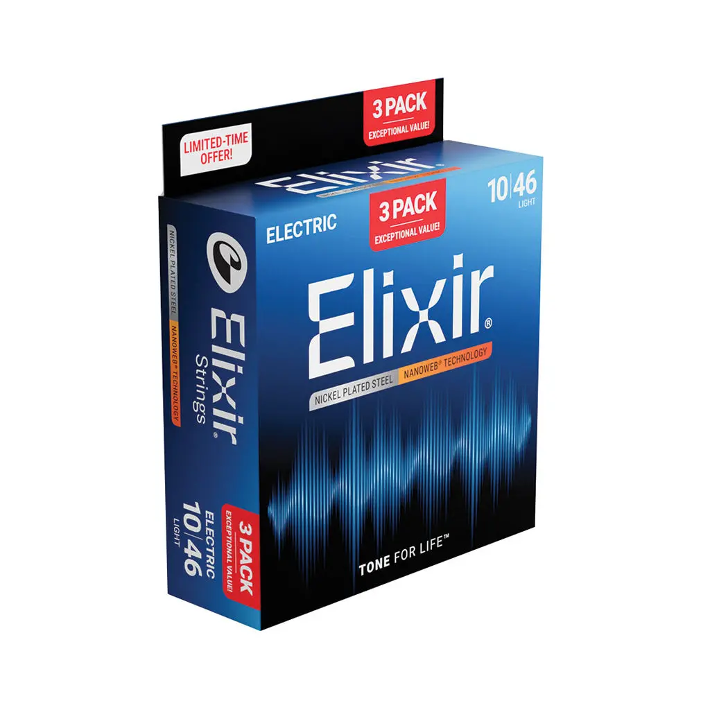 Elixir E16567 Nickel Nanoweb Electric Guitar Strings - 10-46 Light, 3-Pack 1
