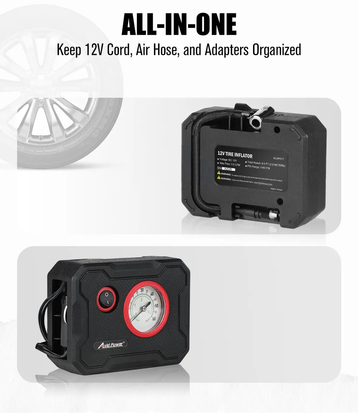 Avid Power 12V Tire Inflator Portable Air Compressor, Portable Car Air Pump W/ 60 Psi Display Gauge And Led Light, Air Pump For Car Tires, Bike, Motorcycle, Compact, Lightweight (Red) 2