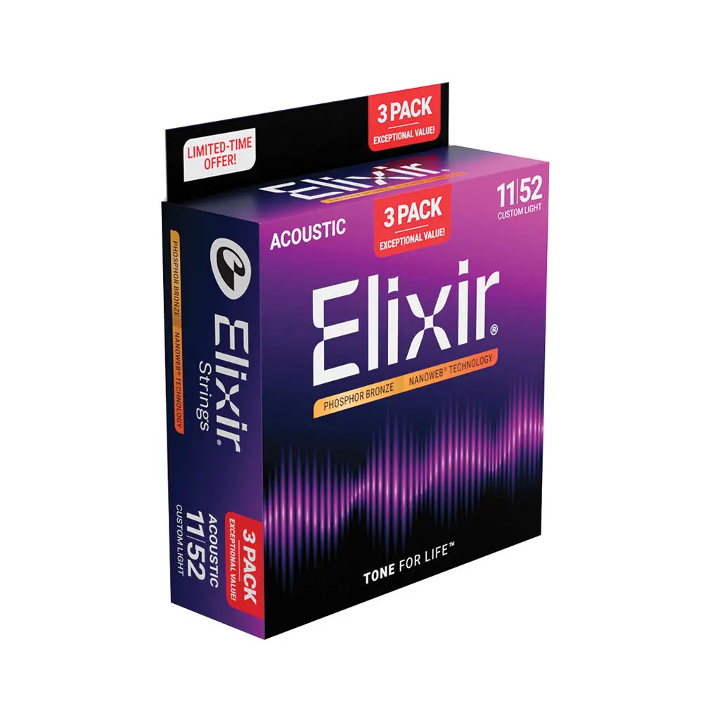 Elixir E16568 Phosphor Bronze Nanoweb Acoustic Guitar Strings - 11-52 Custom Light, 3-Pack 1