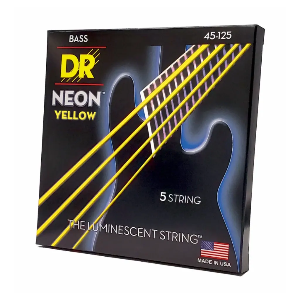 Dr Strings Hi-Def Neon Yellow K3 Coated 5-String Bass Guitar Strings - Medium 45-125 1