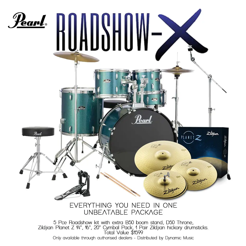 Pearl Roadshow X 20" 5-Piece Drum Kit Package With Zildjian Cymbals & Hardware - Aqua Blue Glitter 1