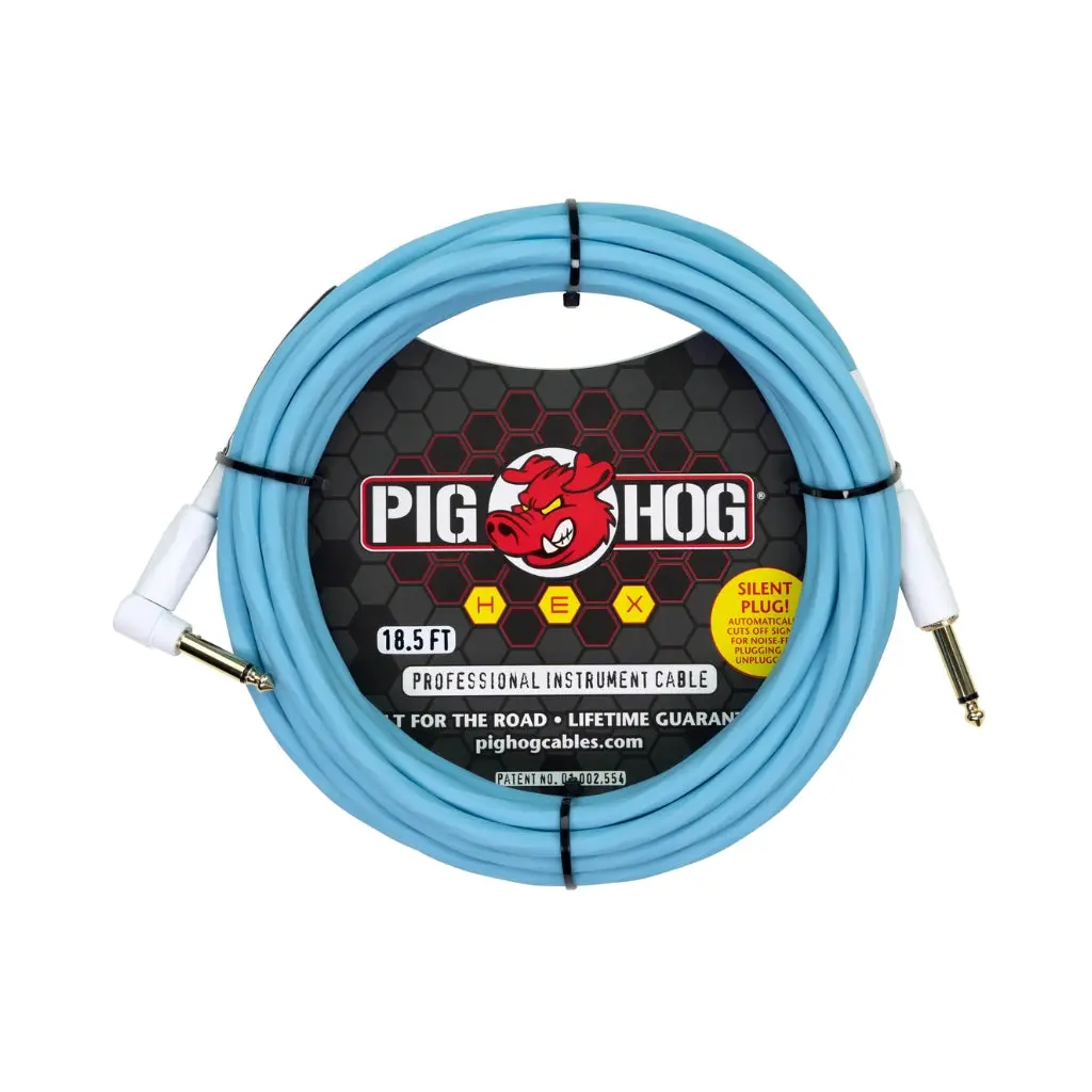 Pig Hog Hex Series Silent Instrument Cable - Daphne Blue, 18.6Ft Right Angle 1
