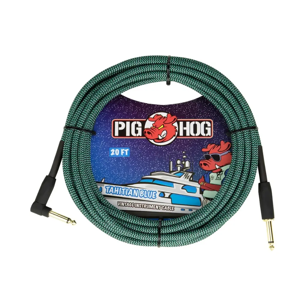 Pig Hog Vintage Instrument Cable - Tahitian Blue, 20Ft Right Angle To Straight 1