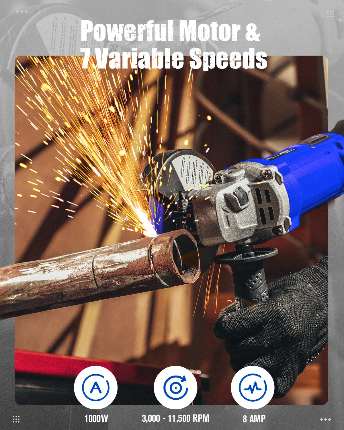 Avid Power Angle Grinder 4-1/2 Inch 8.0 Amp 1000W Electric Grinder Tool 7-Variable-Speed Metal Grinder, 11,500 Rpm, Paddle Switch With Lock-On Button, Cutting & Grinding Wheels And Side Handle - Blue 2