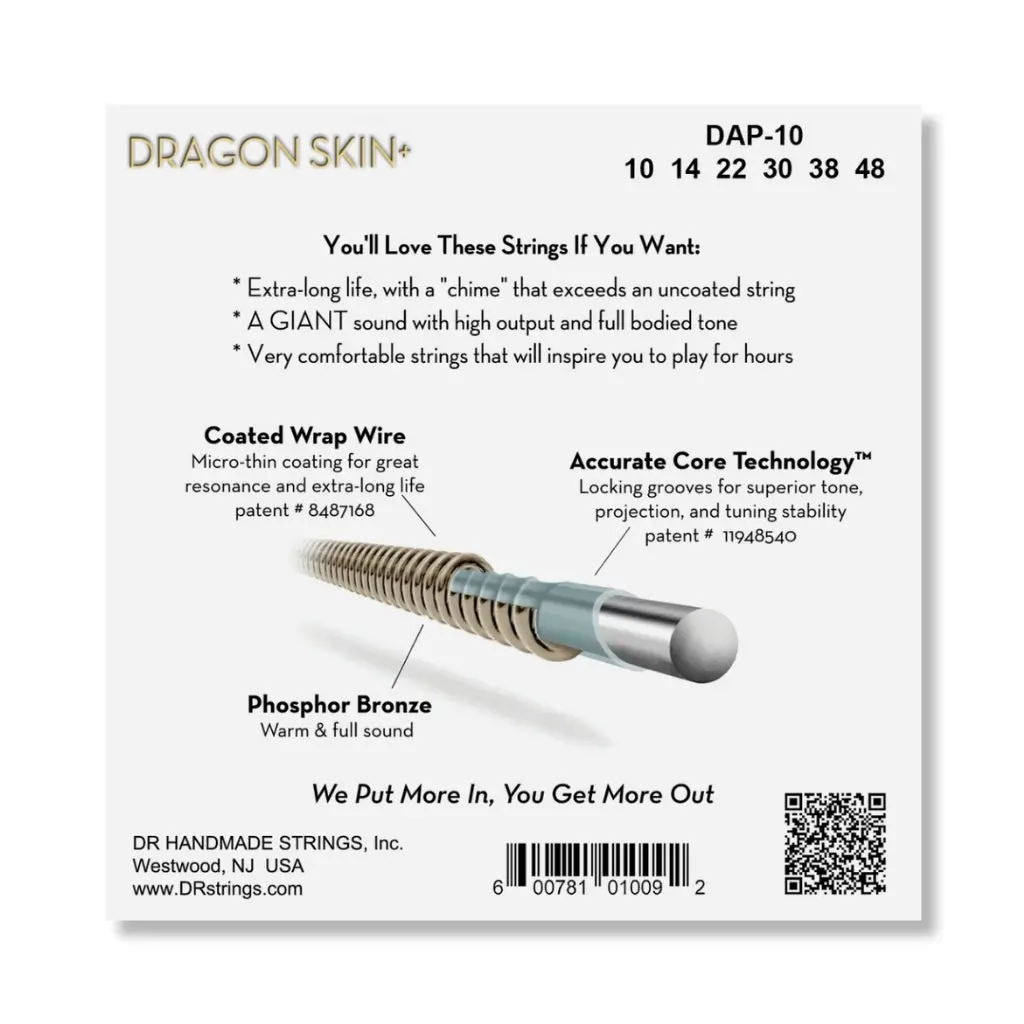 Dr Strings Dragon Skin+ Phosphor Bronze Coated Acoustic Guitar Strings - Extra Light 10-48 2