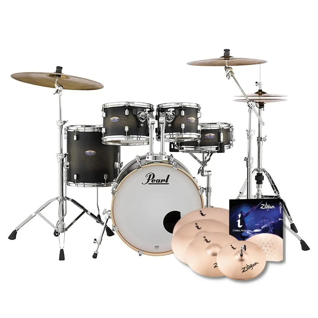 Pearl Decade Maple 5-Piece Drum Kit Package With Zildjian Cymbals & Hardware - Satin Black Burst - Free 14" I Series Crash (Zilh14c) 1