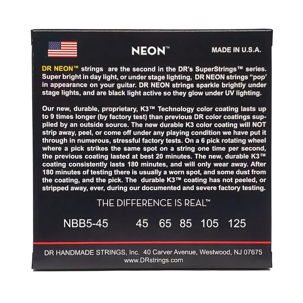 Dr Strings Hi-Def Neon Blue K3 Coated 5-String Bass Guitar Strings - Medium 45-125 2