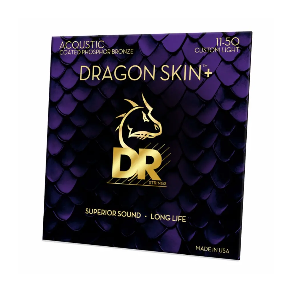 Dr Strings Dragon Skin+ Phosphor Bronze Coated Acoustic Guitar Strings - Custom Light 11-50 1