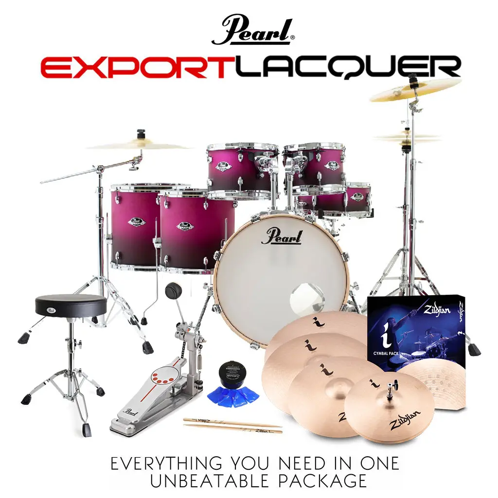 Pearl Export Lacquer Exl 22" Fusion Plus Drum Kit With Cymbals & Hardware - Raspberry Sunset 1