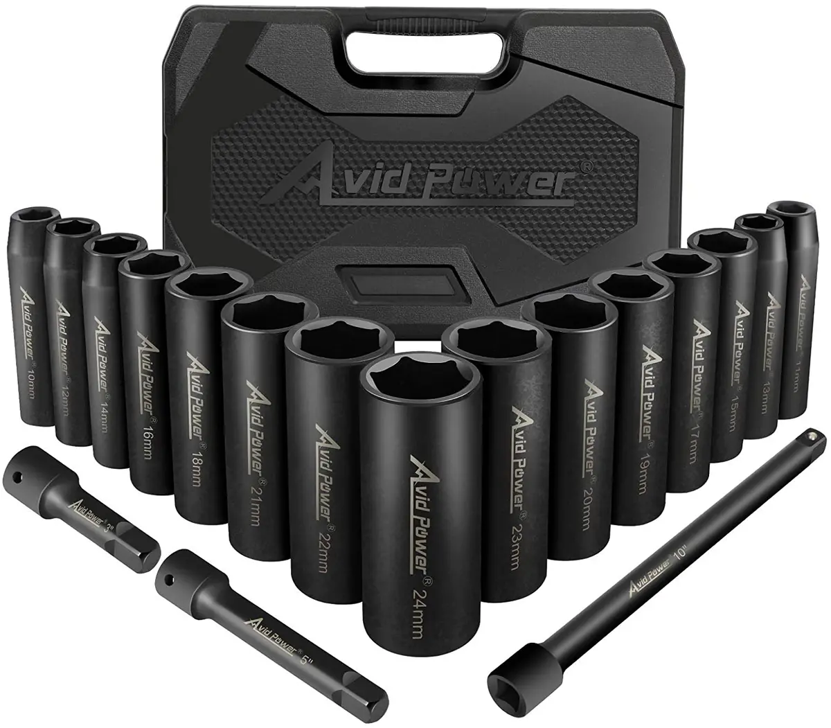 Avid Power 18Pcs 1/2-Inch Drive Impact Socket Set, 10-24Mm Metric Sizes Sockets And 3'' 5'' 10'' Extension Bar, 6 Point, Cr-V Steel Socket Set 1