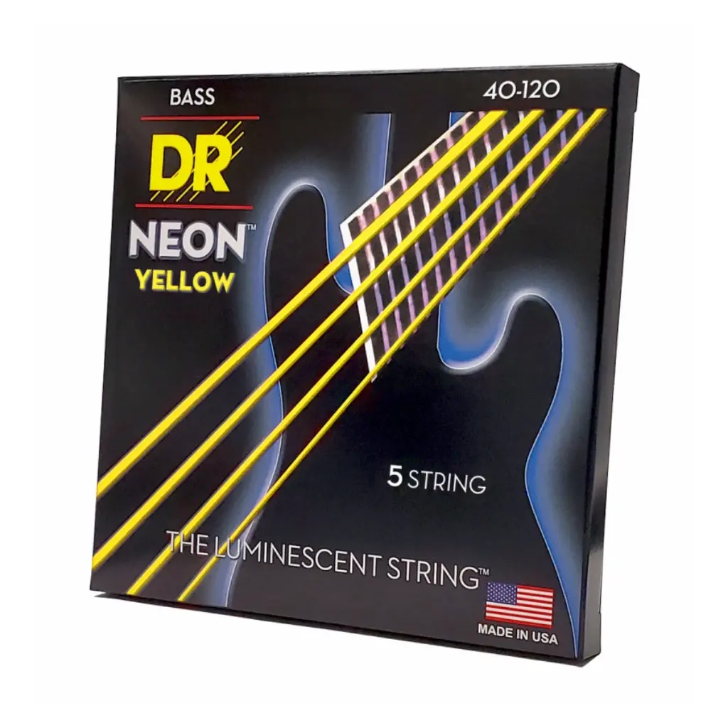 Dr Strings Hi-Def Neon Yellow K3 Coated 5-String Bass Guitar Strings - Light 40-120 1