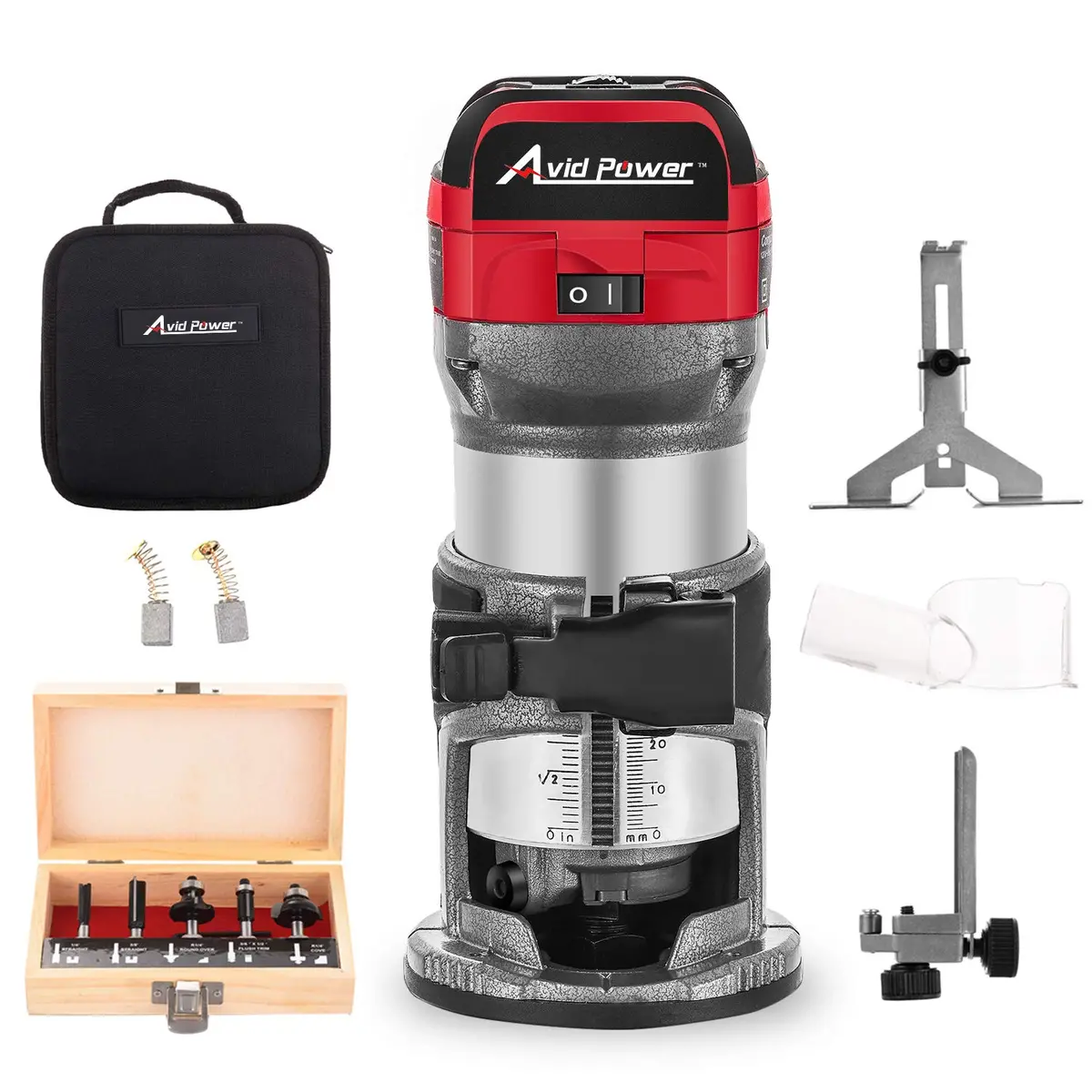 6.5-Amp 1.25 Hp Compact Router With Fixed Base, 5 Trim Router Bits, Variable Speed, Edge Guide, Roller Guide And Dust Hood, Avid Power Mw104 1