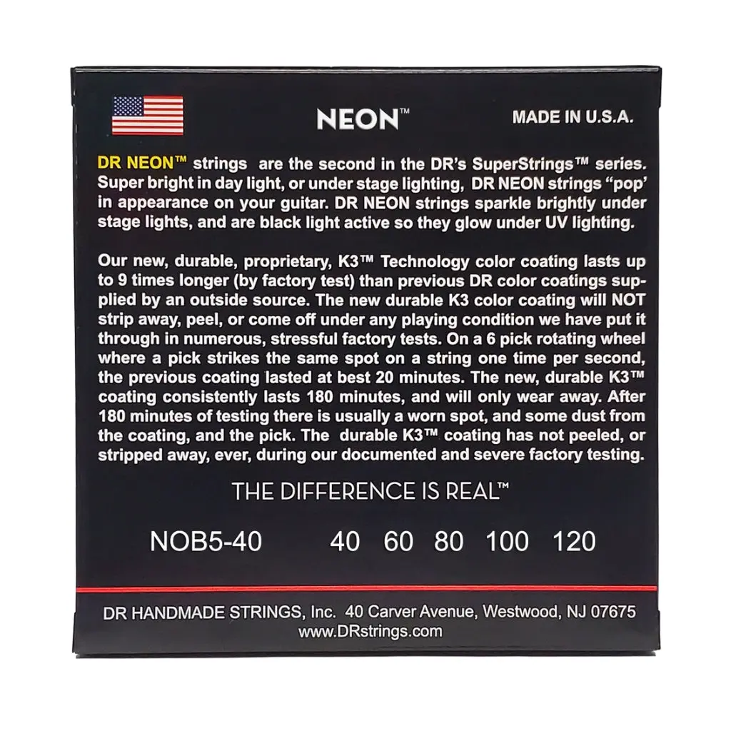 Dr Strings Hi-Def Neon Orange K3 Coated 5-String Bass Guitar Strings - Light 40-120 2