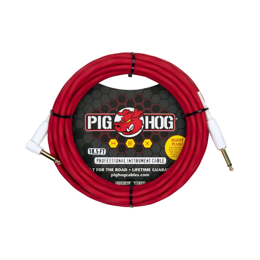 Pig Hog Hex Series Silent Instrument Cable - Candy Apple Red, 18.6Ft Right Angle 1