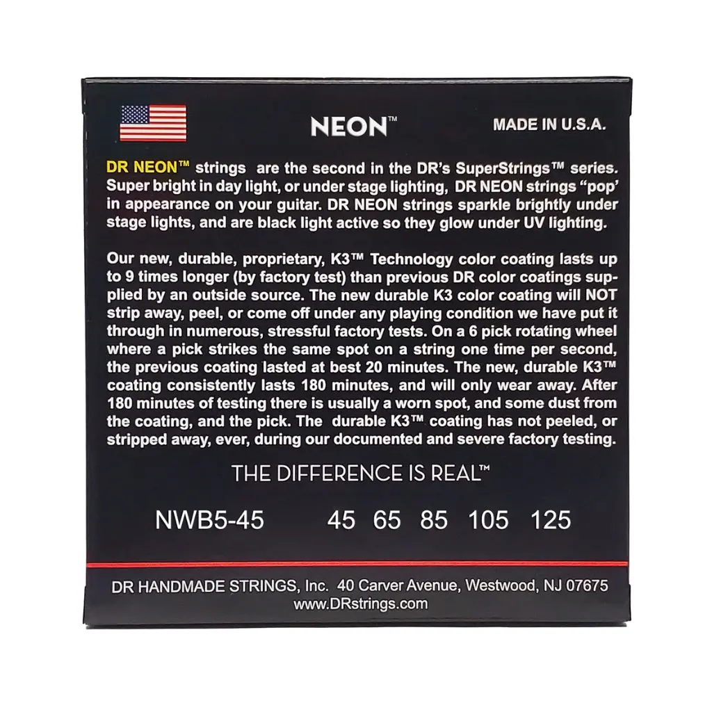 Dr Strings Hi-Def Neon White K3 Coated 5-String Bass Guitar Strings - Medium 45-125 2
