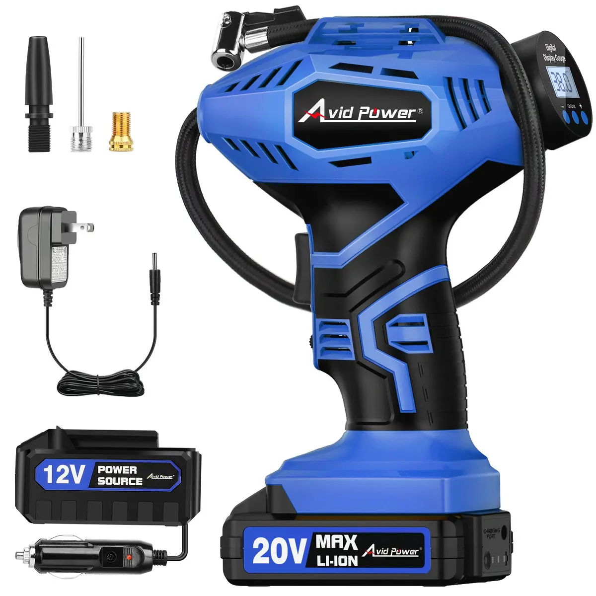 Avid Power Cordless Tire Inflator Portable Air Compressor, 20V Rechargeable Battery Powered Car Tire Pump W/ 12V Dc Adapter, Digital Pressure Gauge, Air Pump For Car, Bike, Motorcycle, Ball (Blue) 1