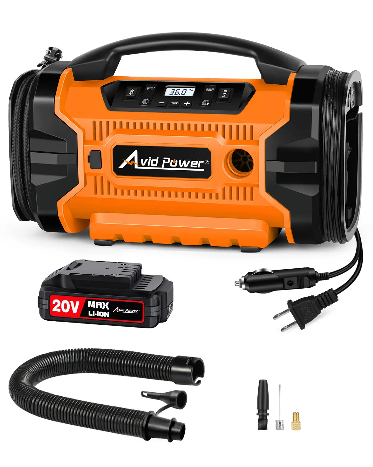 Tire Inflator Air Compressor Portable W/ 3 Power Source (110V Ac, 12V Dc, 20V Battery), Car Tire Pump W/Inflation & Deflation Modes, Triple Power Tire Inflator W/Dual Powerful Motors (Orange) 1