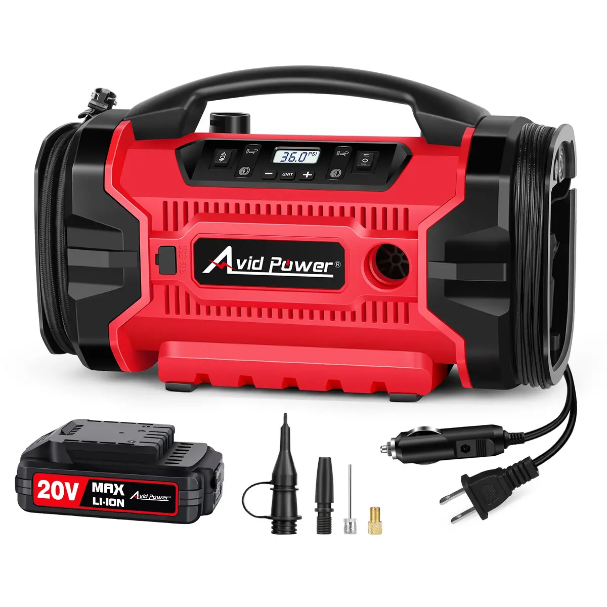 Avid Power Tire Inflator Portable Air Compressor, 3 Power Source (110V Ac,12V Dc, 20V Battery), Car Air Pump W/Inflation & Deflation Modes, Triple Power Tire Inflator W/Dual Powerful Motors 1