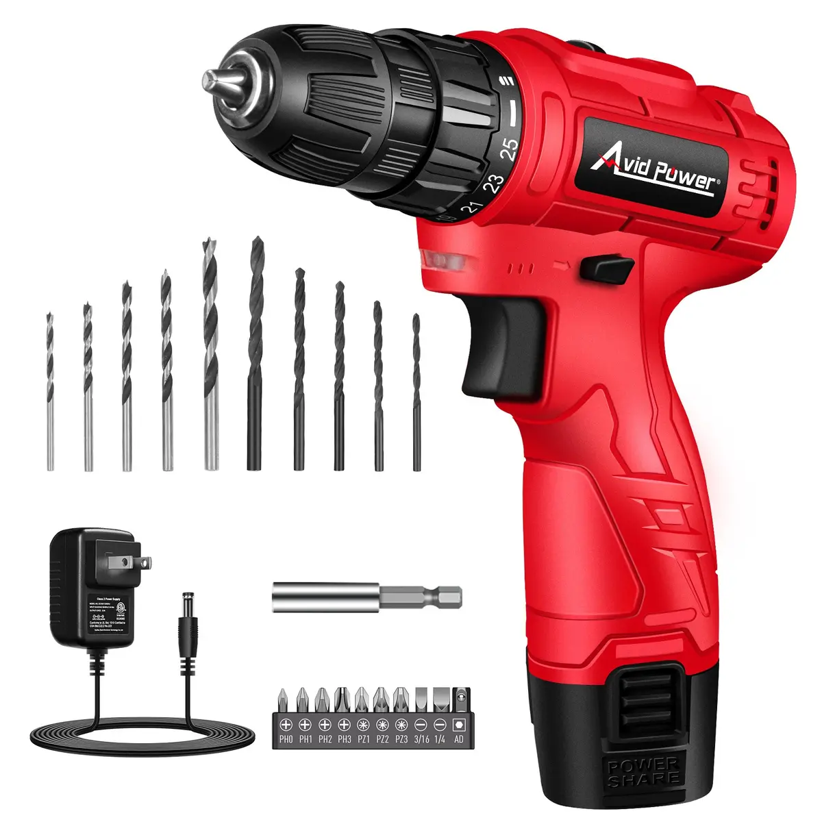 Avid Power 12V Cordless Drill, 3/8-Inch Keyless Chuck, High-Speed 1400 Rpm & 25+1 Torque Control, Electric Power Drill Kit With 21Pcs Bits, Battery And Charger 1