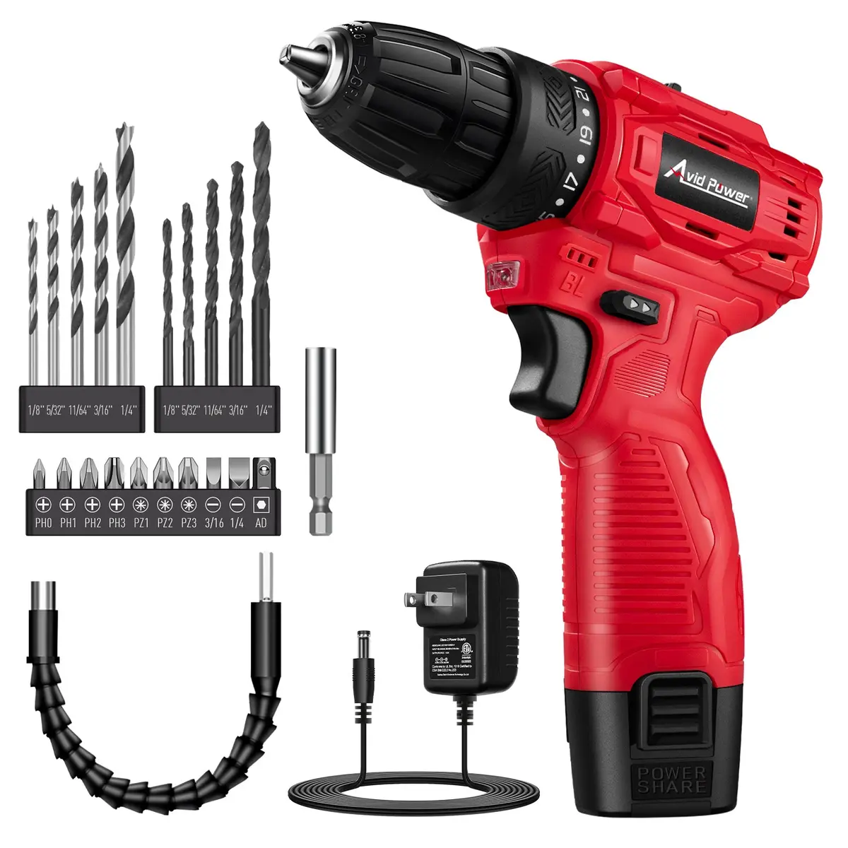 Avid Power 12V Brushless Power Drill Set, 2-Speed Control, 3/8-Inch Keyless Chuck & 25+1 Position, Electric Drill Cordless Driver Kit With 2000Mah Battery, Charger And 22Pcs Accessories 1