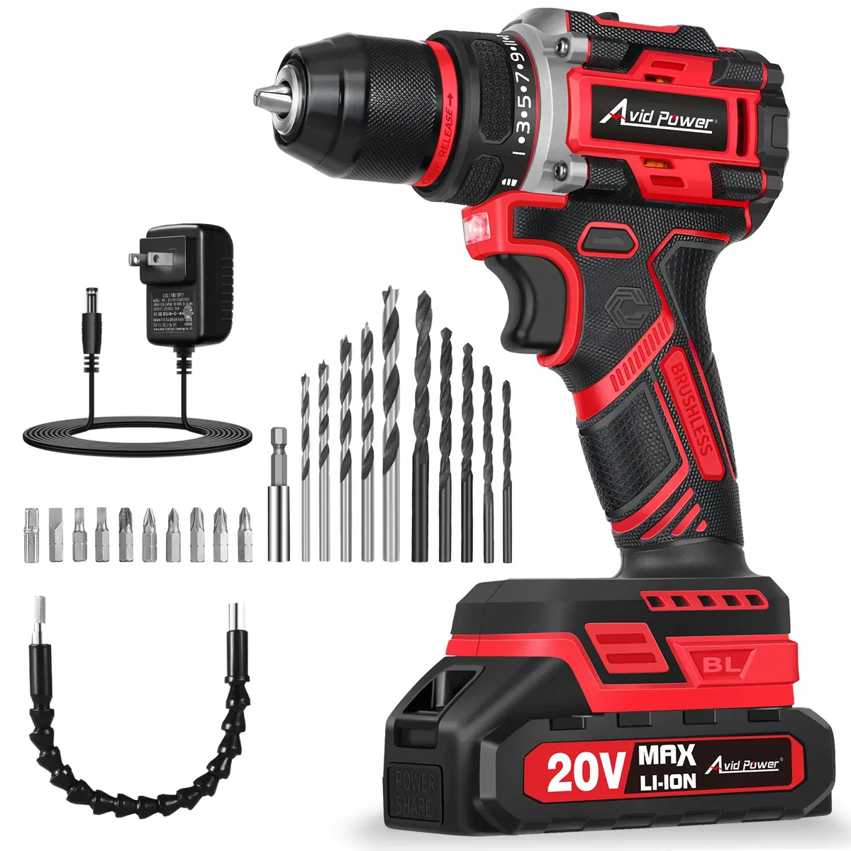 Avid Power Brushless Power Drill Set, 20V Cordless Drill Driver Kit With 2.0Ah Battery And Charger, 3/8-Inch Metal Chuck, 355 In-Lbs Torque, 2-Variable Speed, 26 Position And 22Pcs Accessories 1