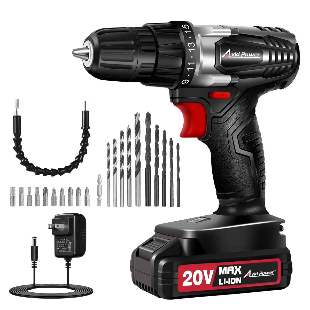 Cordless Drill Set With Battery And Charger, Avid Power 20V Max Lithium Lon Power Drill Kit, 550Rpm Variable Speed & 3/8-Inch Keyless Chuck,16 Position And 22Pcs Drill Bits(Black) 1