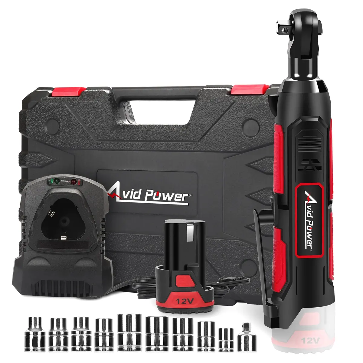 Avid Power 3/8" Cordless Electric Ratchet Wrench Set, 50N.M(37 Ft-Lbs) 12V Cordless Ratchet Kit W/ 1-Hour Fast Charger, 2.0Ah Battery, Variable Speed, 10 Sockets 1