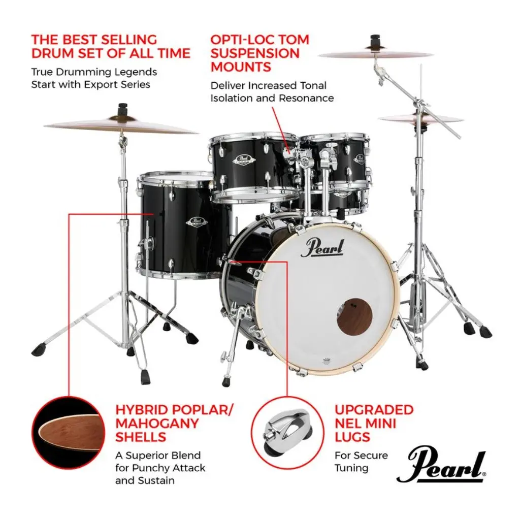 Pearl Export 20" Exx Fusion Drum Kit Package With Zildjian Cymbals & Hardware - Jet Black 2