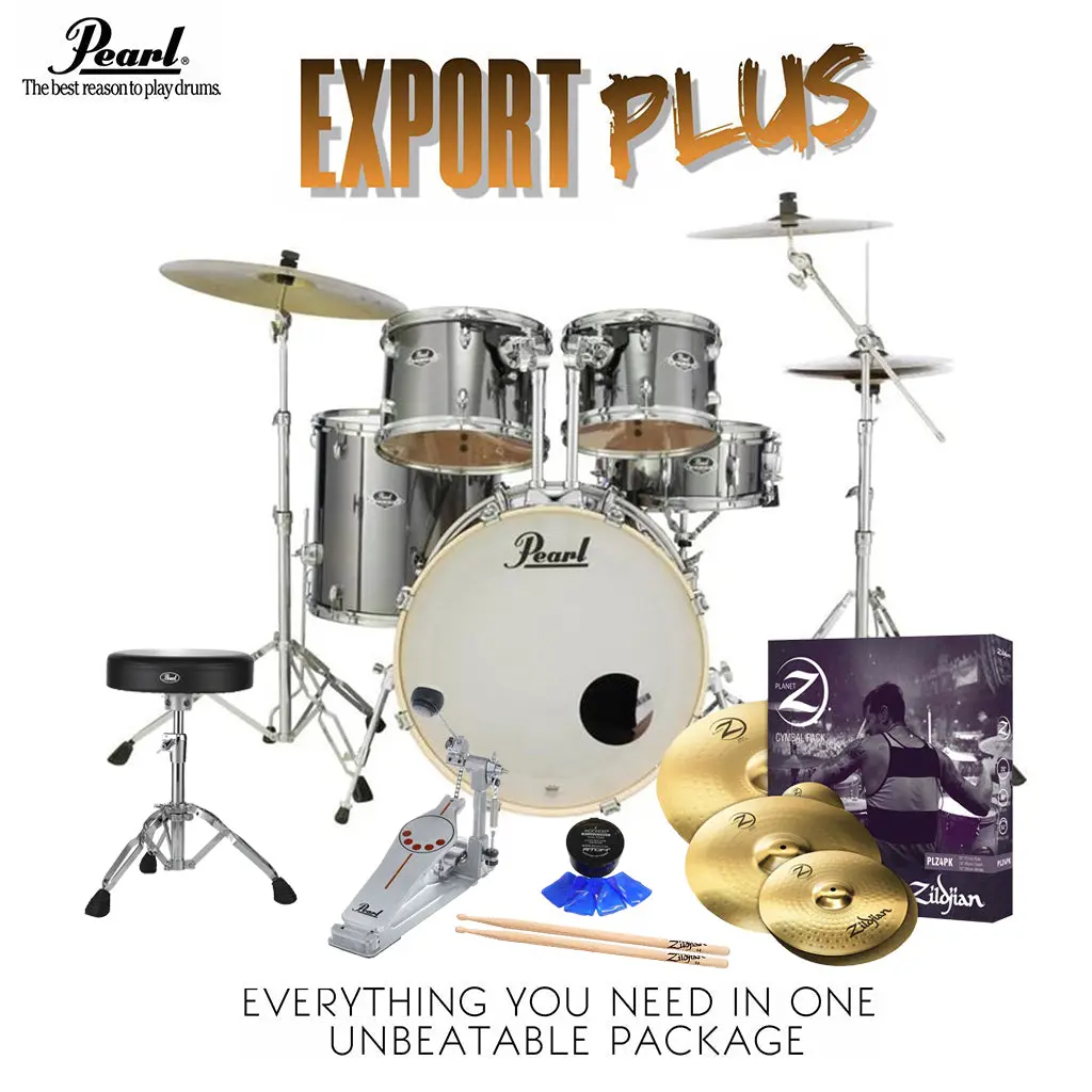 Pearl Export 22" Exx Fusion Plus Drum Kit Package With Zildjian Cymbals & Hardware - Smokey Chrome 1