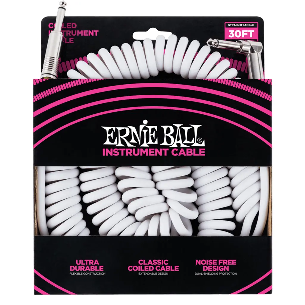 Ernie Ball Coiled Straight Angle Instrument Cable, 9 Meters Length, White 1