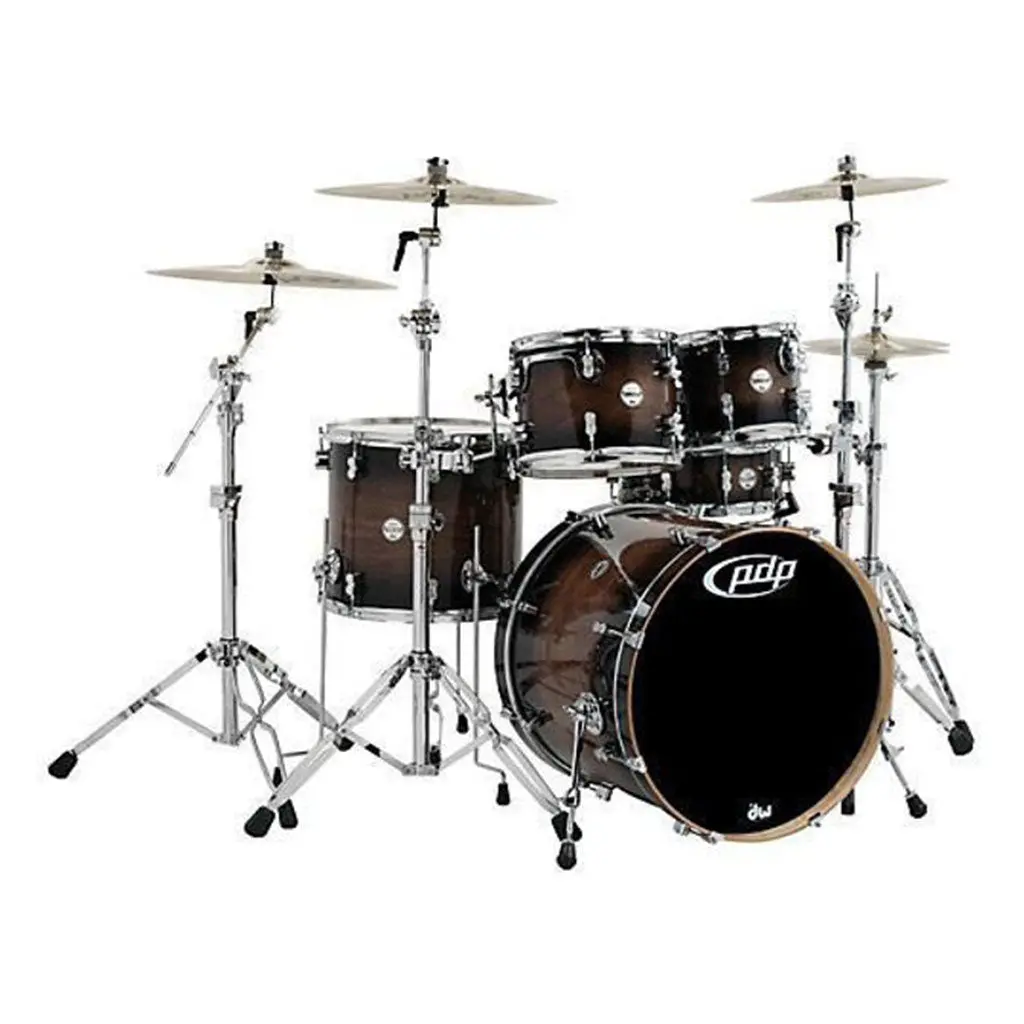 Pdp Concept Maple Exotic 5-Piece Drum Kit Pack In Charcoal Burst Over Walnut W/Hardware, Dw 3000 Throne & Evans Heads 1