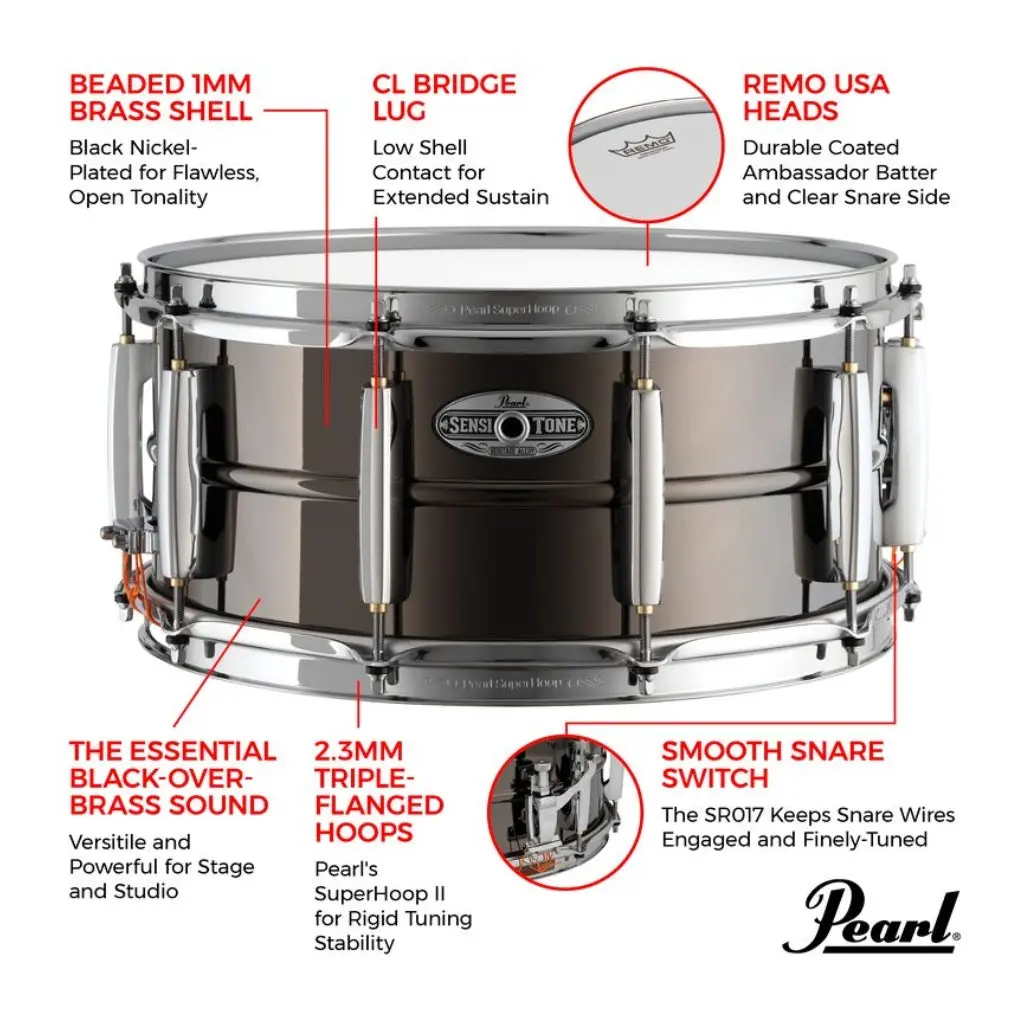 Pearl Sensitone Heritage Alloy 14"X6.5" Black Nickel Over Brass Snare Drum 2